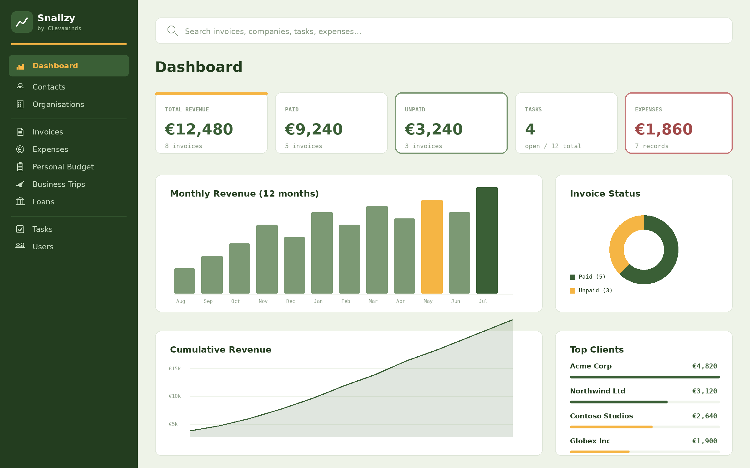 Snailzy dashboard - revenue KPIs, monthly chart, invoice status, and top clients
